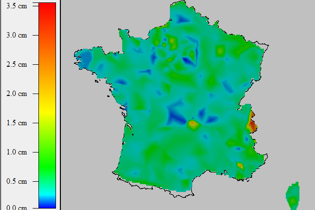 Ecarts en cm sur les composantes planimétriques des stations du RGP entre les version 2 et 2b
