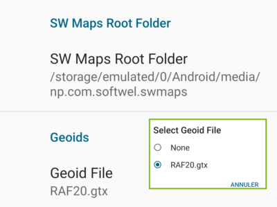 SW Maps - sélection d'un modèle de géoïde